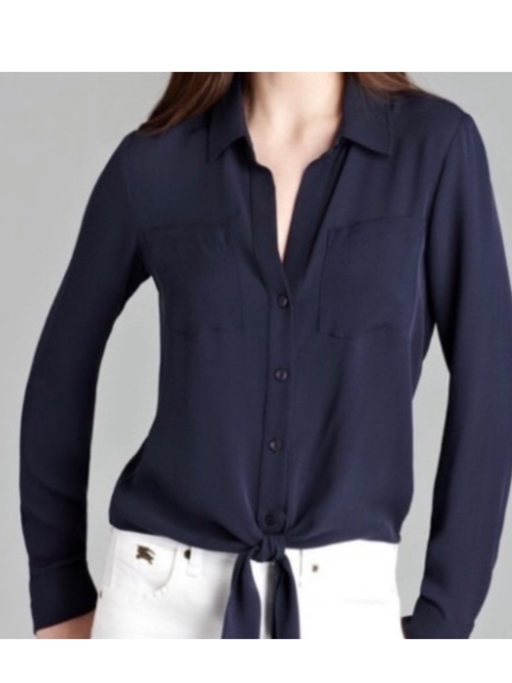 Theory Navy Blouse with Gathered Yoke 922